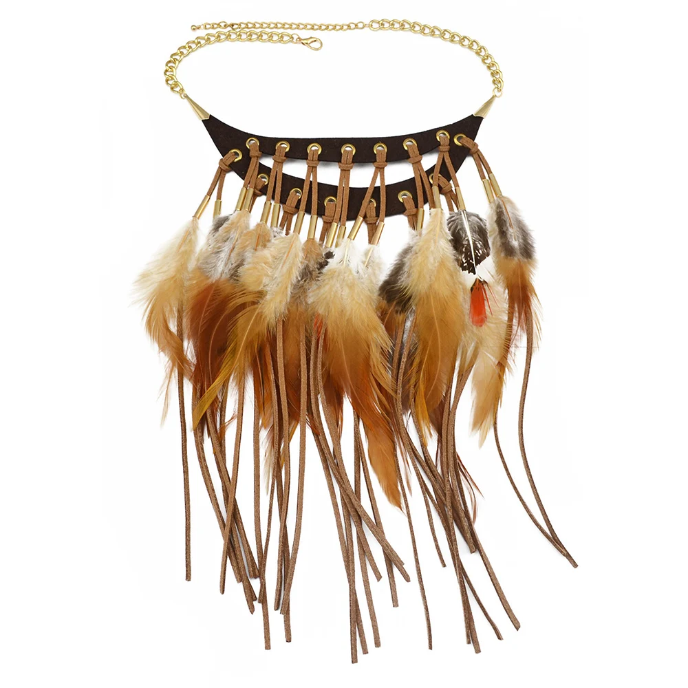 Collier bohémien avec pendentifs en plumes longues marron, tribu ethnique indienne, Hyperbole africain, Hippie, breloque, bavoir de déclaration, bijoux