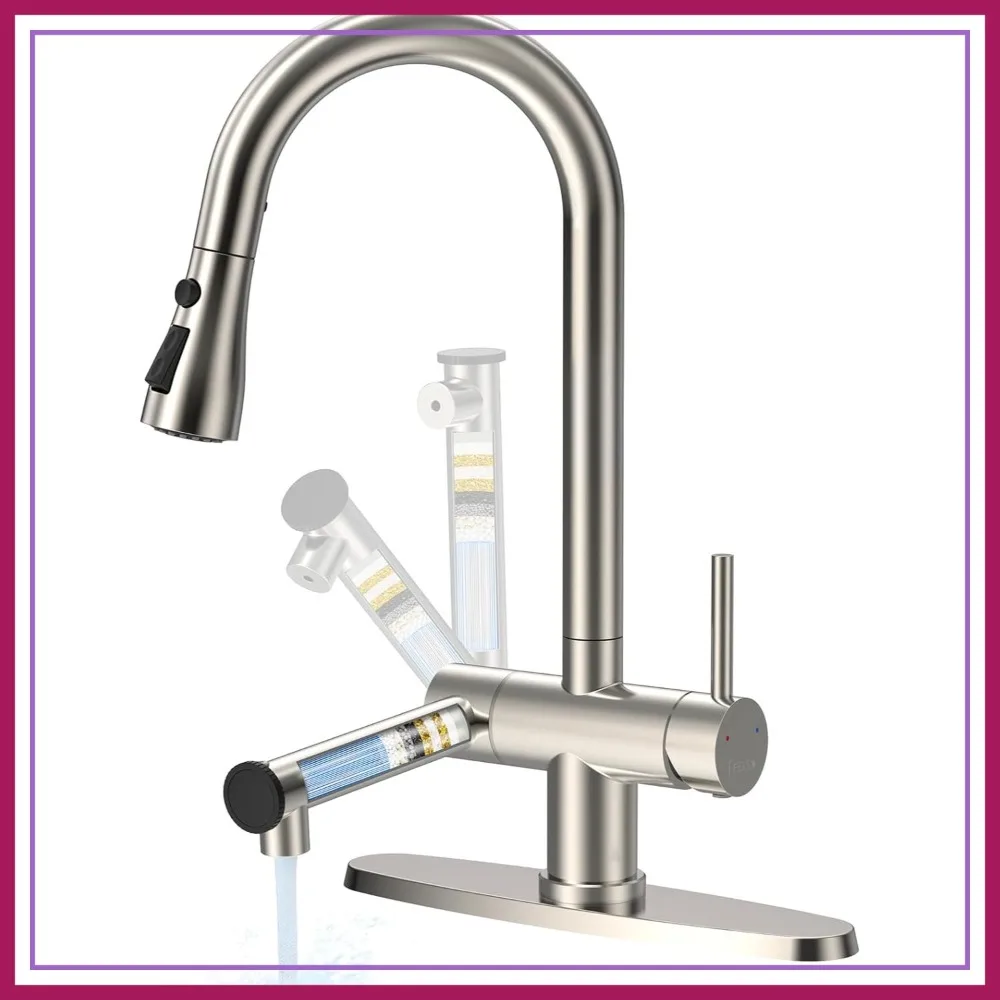 

High Arc Pull Down Kitchen Faucet, Stainless Steel, Reduces Lead & Chlorine, 1 or 3 Hole Farmhouse Sink