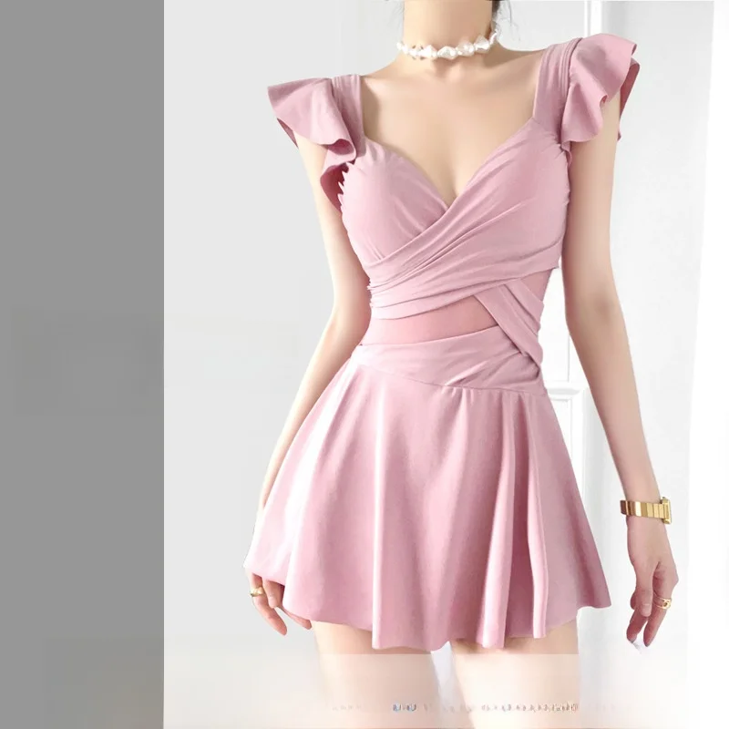 

Women's Summer Pure Desire One-Piece Swimsuit Conservatism Skirt Sle Cover Belly Slim Small Chest Gather Hot Spring Swimmin...