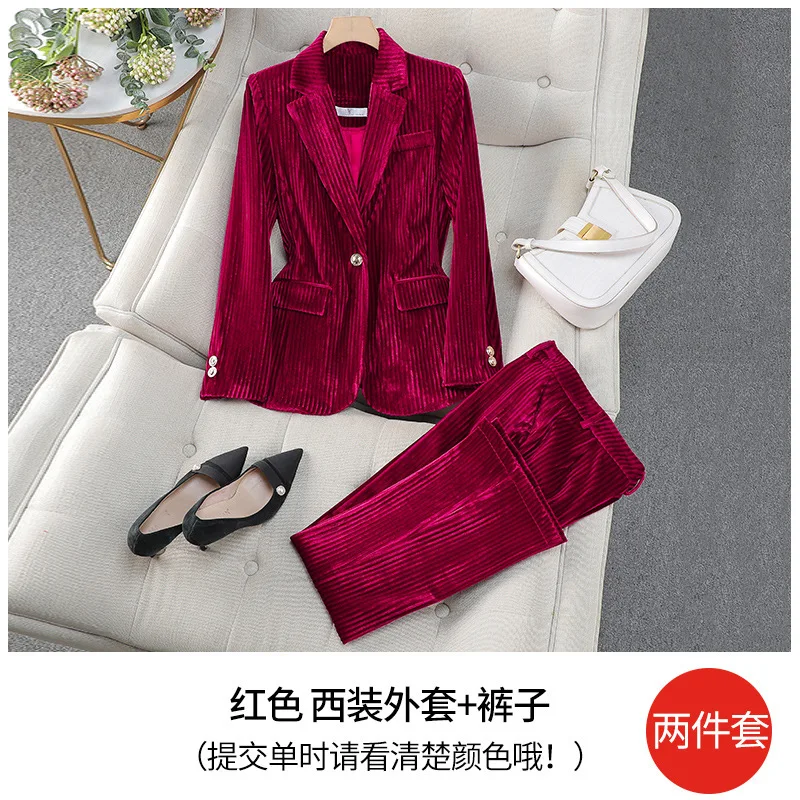 Autumn Winter Golden Coat Blazers Set Women\'s Two Piece Set Corduroy Velvet Suits Long Sleeve Office Lady Wide Legs Pants Suits