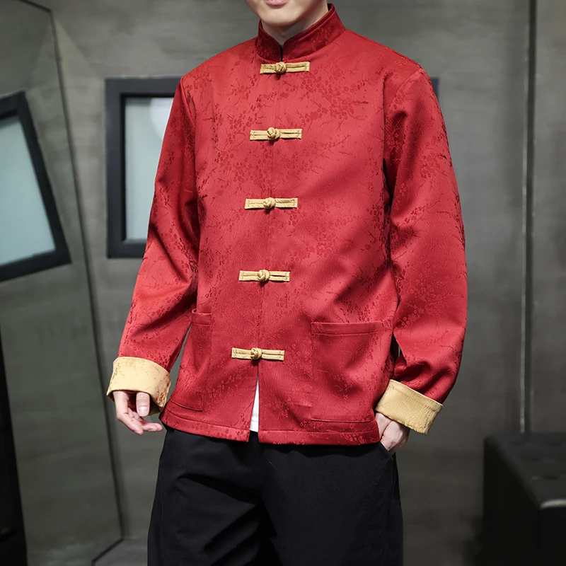 Tang Suit Jacket for Men Fashion Jacquard Stand Collar Disc Buckle Spring Chinese Red Han Fu Jackets