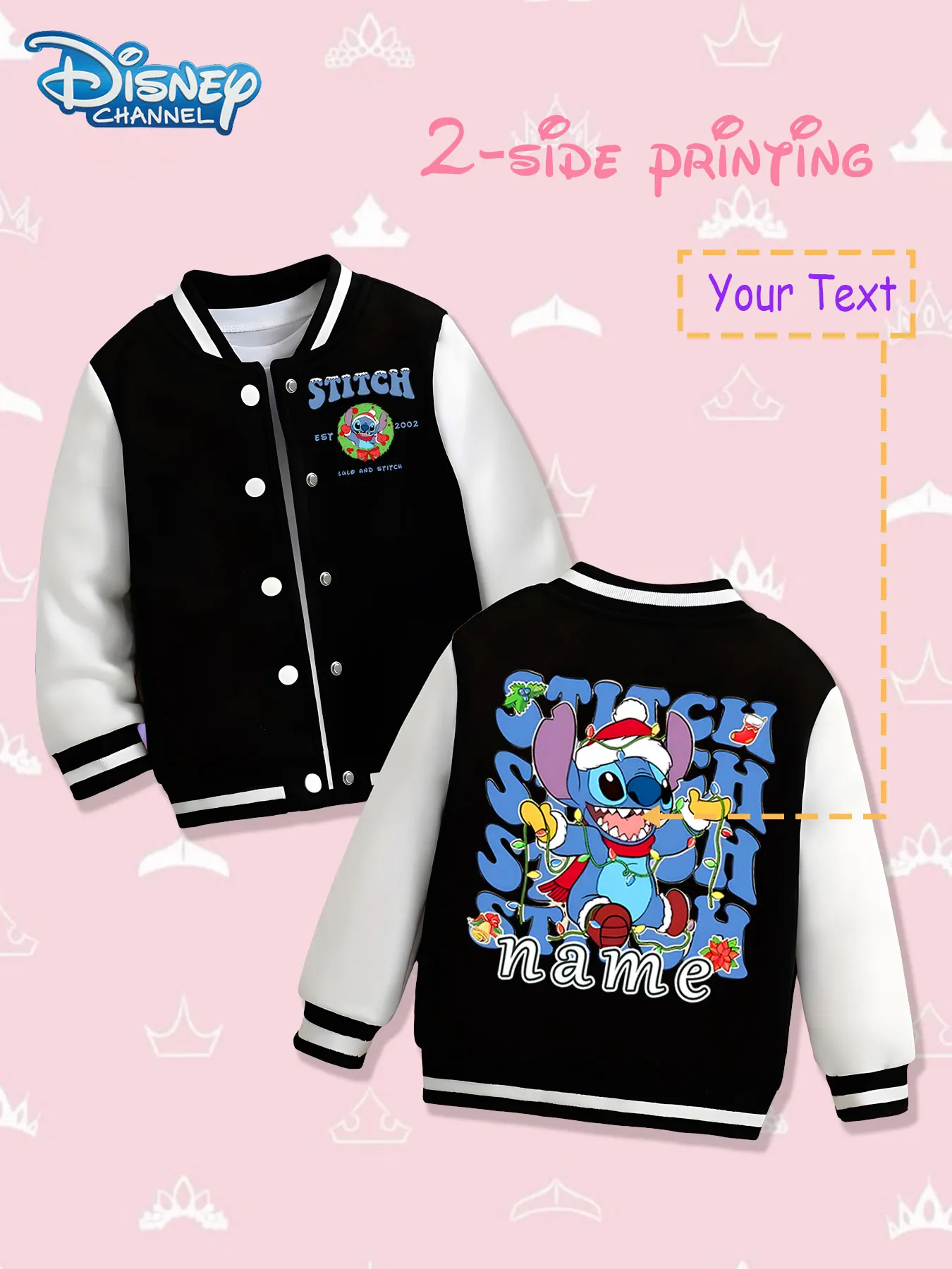 

MINISO Disney Stitch Letters Girls Baseball Jacket - Double-sided personalized printing, warm and fashionable in autumn and wint