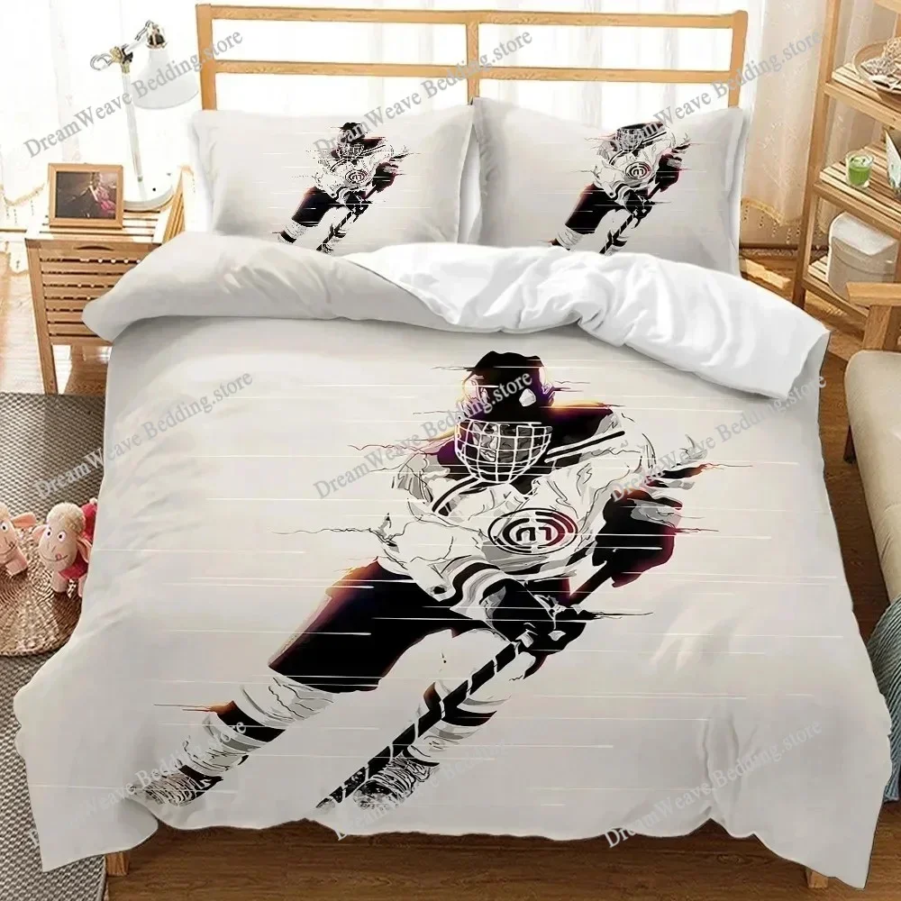 Ice Hockey Duvet Cover Set Full Queen Size,Geometric Check Patchwork Stylish Bedding Set,Athlete Winter Sports Comforter Cover