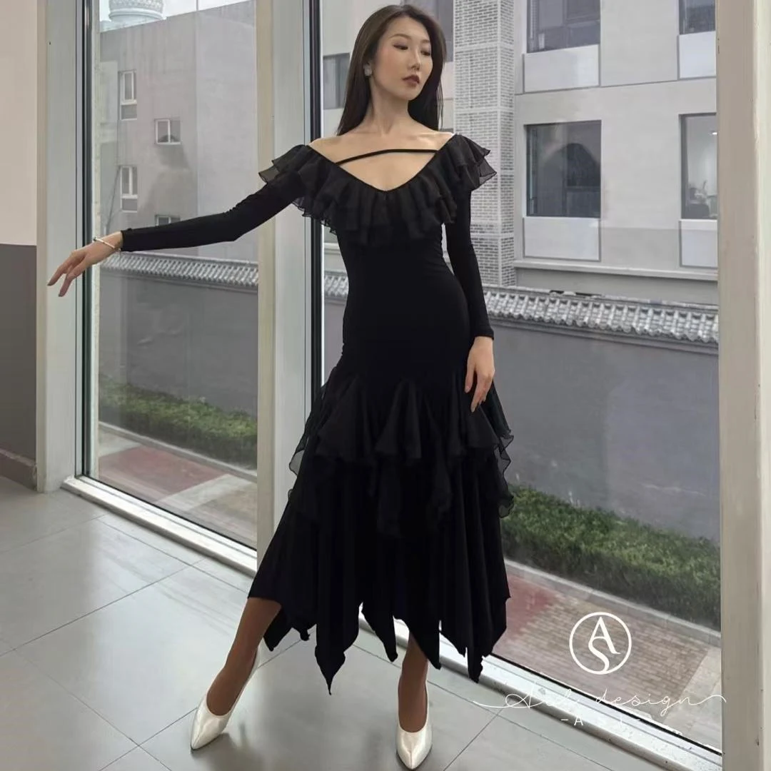 

Black Irregular Ballroom Dance Dress Women Long Sleeves Practice Clothing Waltz Tango Dance Clothes Competition Dress BL14300