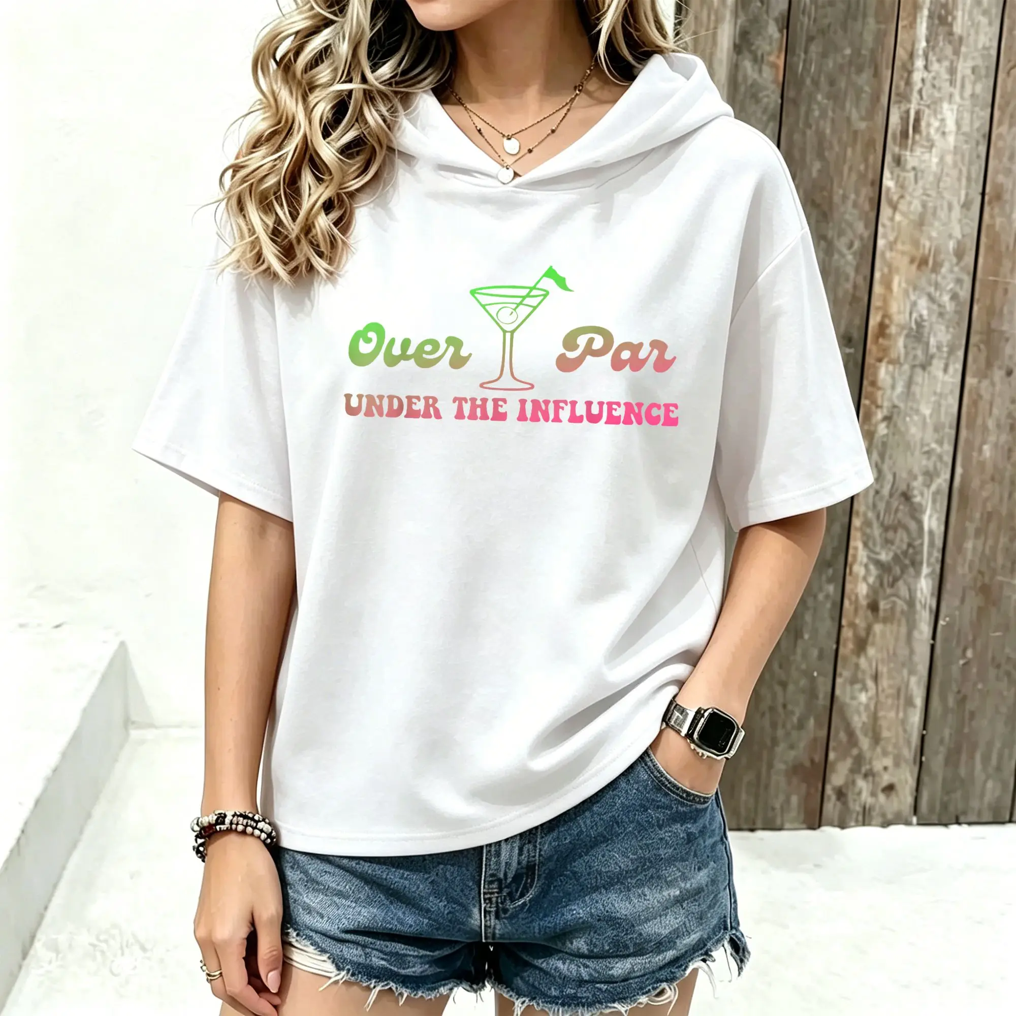 Women Short Sleeve Hooded T‑Shirt Over Par Under The Influence Golf Cocktail Glass Slogan Graphic Print Spring Summer Loose Hoodie Tee Streetwear Casual Short Sleeve Hood Tops