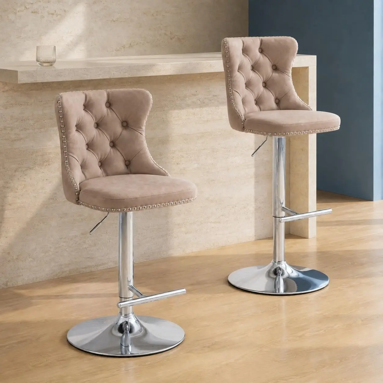 Velvet Bar Stools 6 Adjustable Swivel Counter Height Tufted Back & Nailhead Trim Kitchen Island Khaki Chrome, Customized