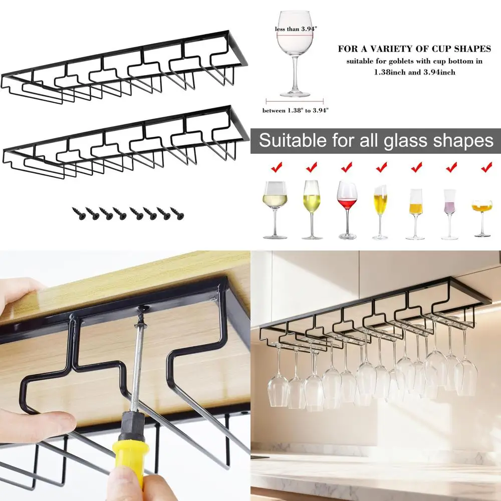 

Kitchen Cabinet Hanging Wine Glass Rack, 6-Tier Storage Holder, 2-Pack, Black