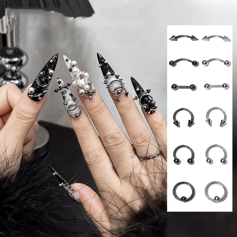 

10 PCS Mixed Alloy Retro Circle Nails Art Charms 3D Punk Style Black Silver Nail Parts Nail Decoration Manicure Accessoires