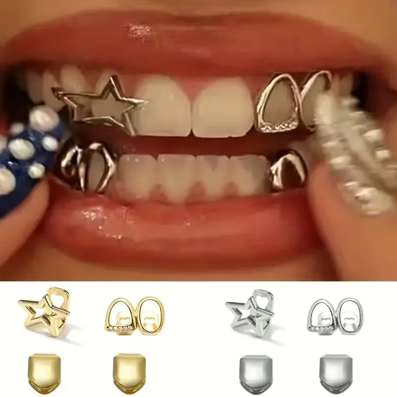 

4 шт., грили для зубов в готическом стиле в стиле хип-хоп — 14-каратное позолоченное медь, двойная полая звезда и кубический синтетический цирконий Grillz