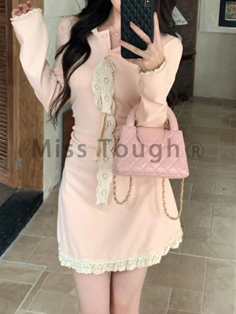 Japanese Sweet Pink Hooded Dresses Women Autumn New Lace Design A-line Mini Dress Aesthetic Fashion Slim Sexy Style Clothes 2024