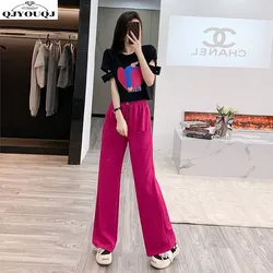 Short sleeved casual fashion women's set 2024 summer new loose and age reducing sports wide leg pants two-piece set