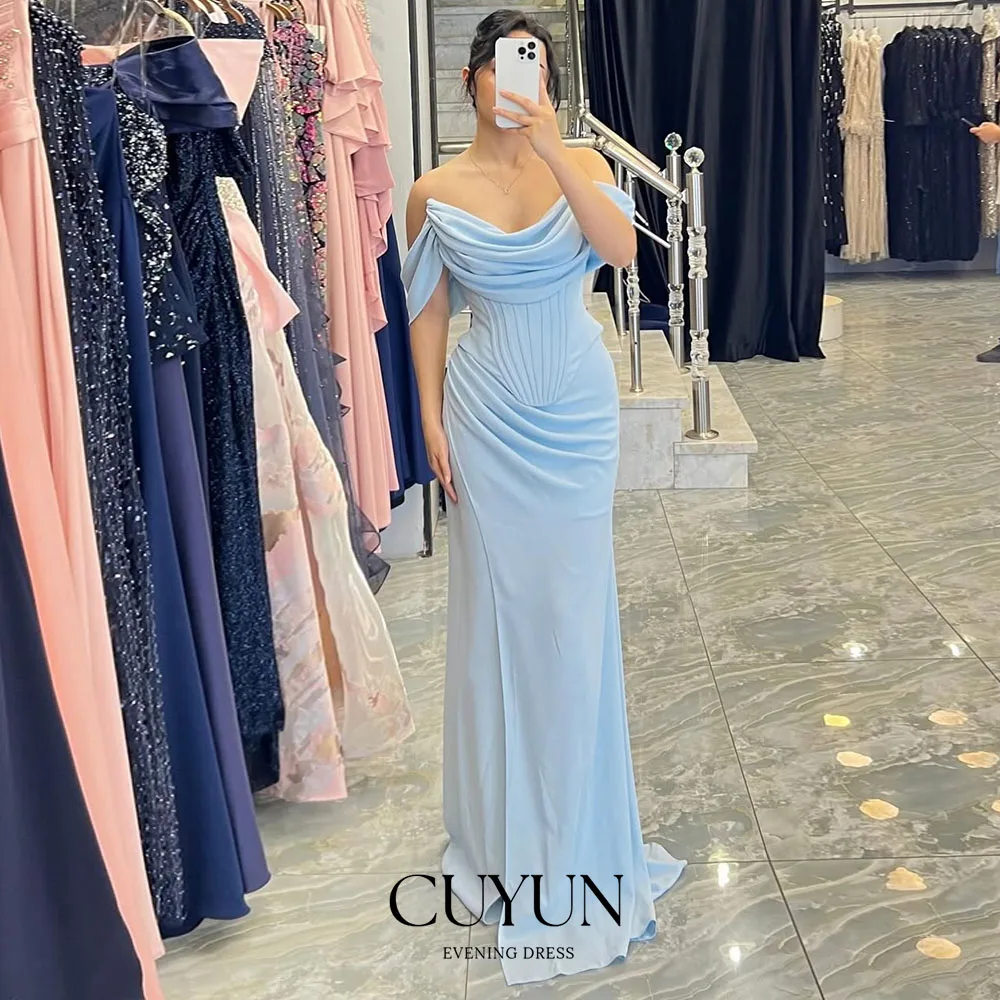 

CUYUN светло-голубое шифоновое женское праздничное платье с открытыми плечами, драпированное платье на день рождения, летнее свадебное платье для гостей по индивидуальному заказу для выпускного вечера