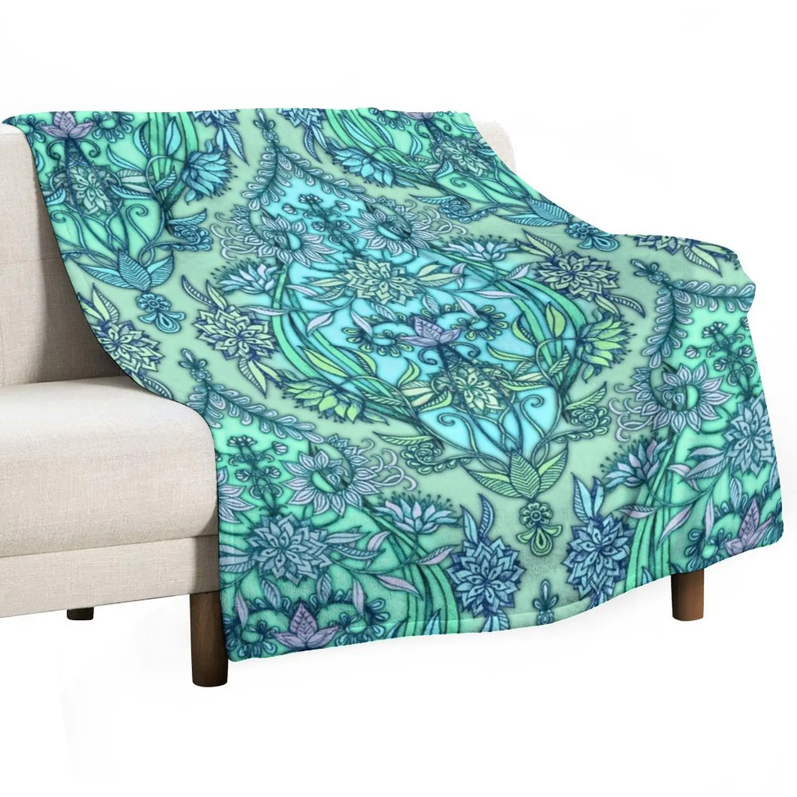 Botanical Moroccan Doodle Pattern in Mint Green, Lilac & Aqua Throw Blanket Sleeping Bag Warm Winter beds Blankets