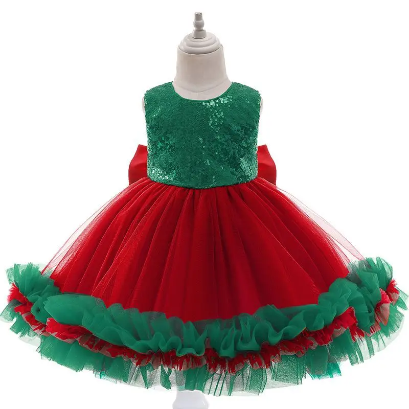 European and American children's dress Christmas style with bow and sequin green dress red fluffy performance dress baby Christm