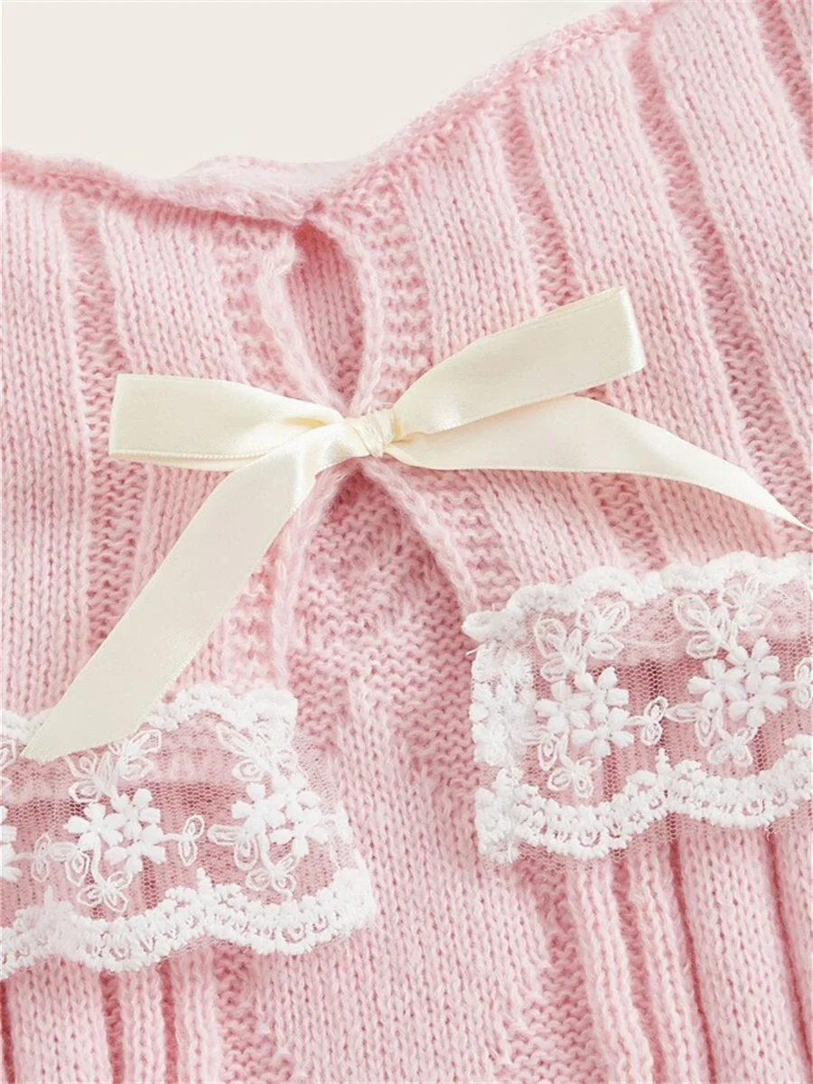 Y2K Cute Pink Pullover Women Off Shoulder Knit Sweater Sweet Pullovers  Long Sleeve Bow Lace Patchwork Jumpers Streetwear