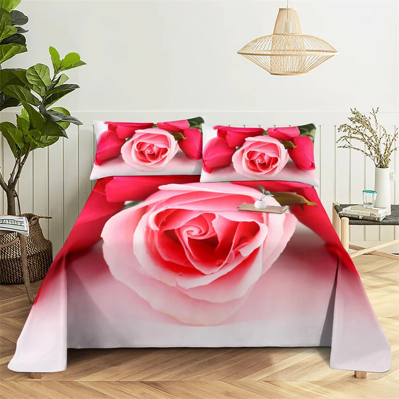 Pink Rose Queen Sheet Set Girl Lady's Room Flowers Bedding Set Bed Sheets and Pillowcases Bedding Flat Sheet Bed Sheet Set