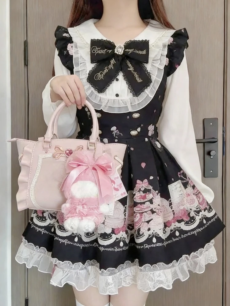 Japanese 2 Piece Dress Sets Women Bow Dress Shorts Set Lolita Sweet Long Sleeve Plaid Shirt Dresses Kawaii Lolita Y2k Outfits