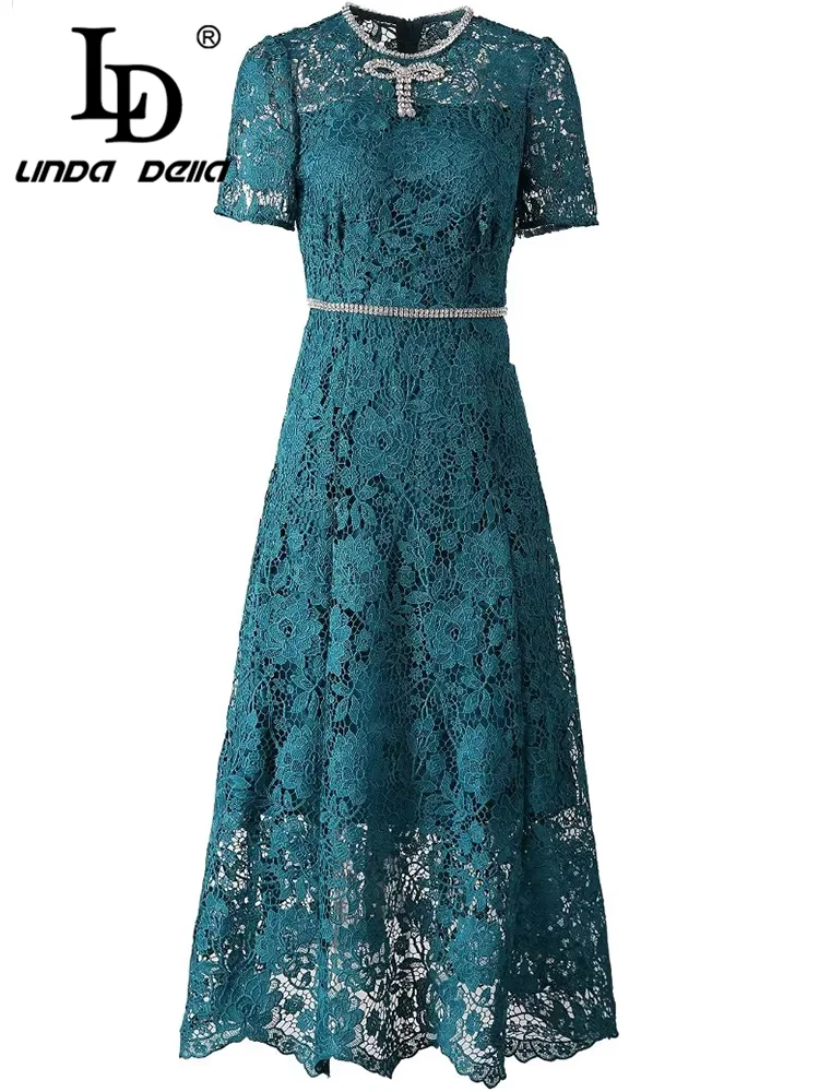 

LD LINDA DELLA Fashion Runway Summer Short Sleeve Maxi Dress Women's High Waiste Diamond Design Lace Hollow Out Long Dress