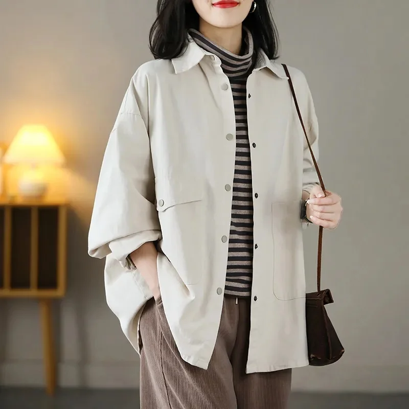 

Women Large Size 4XL Trench Jacket Spring Autumn Female Leisure Shirts Outwear Korean Ladies Long Sleeves Cardigan Blouse Coat