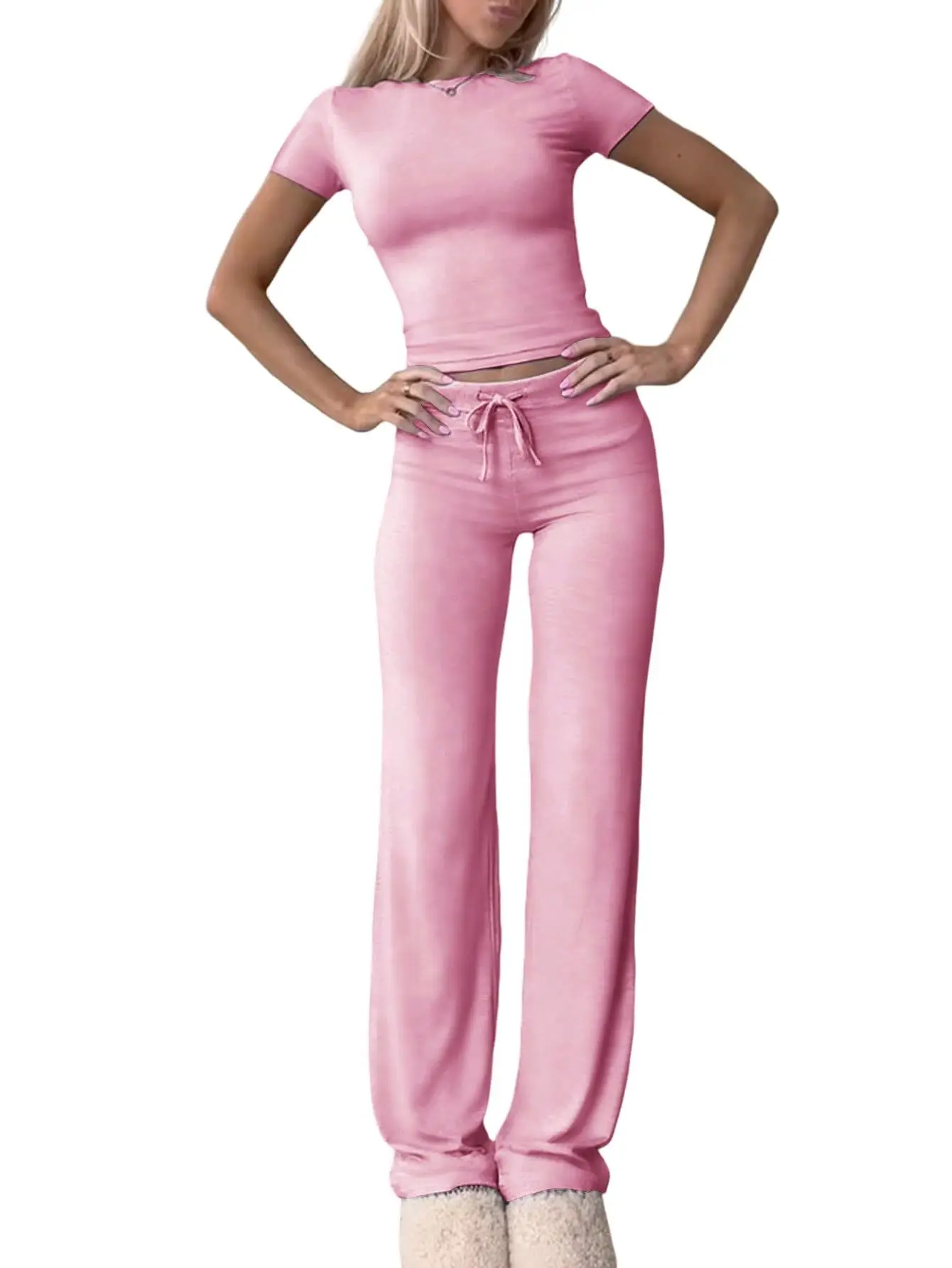 Summer Comfortable Casual Women's Home Sports Set 2025 New Fashionable Solid Color Slim Body Clothes + Trousers Two-piece Set - Image 2