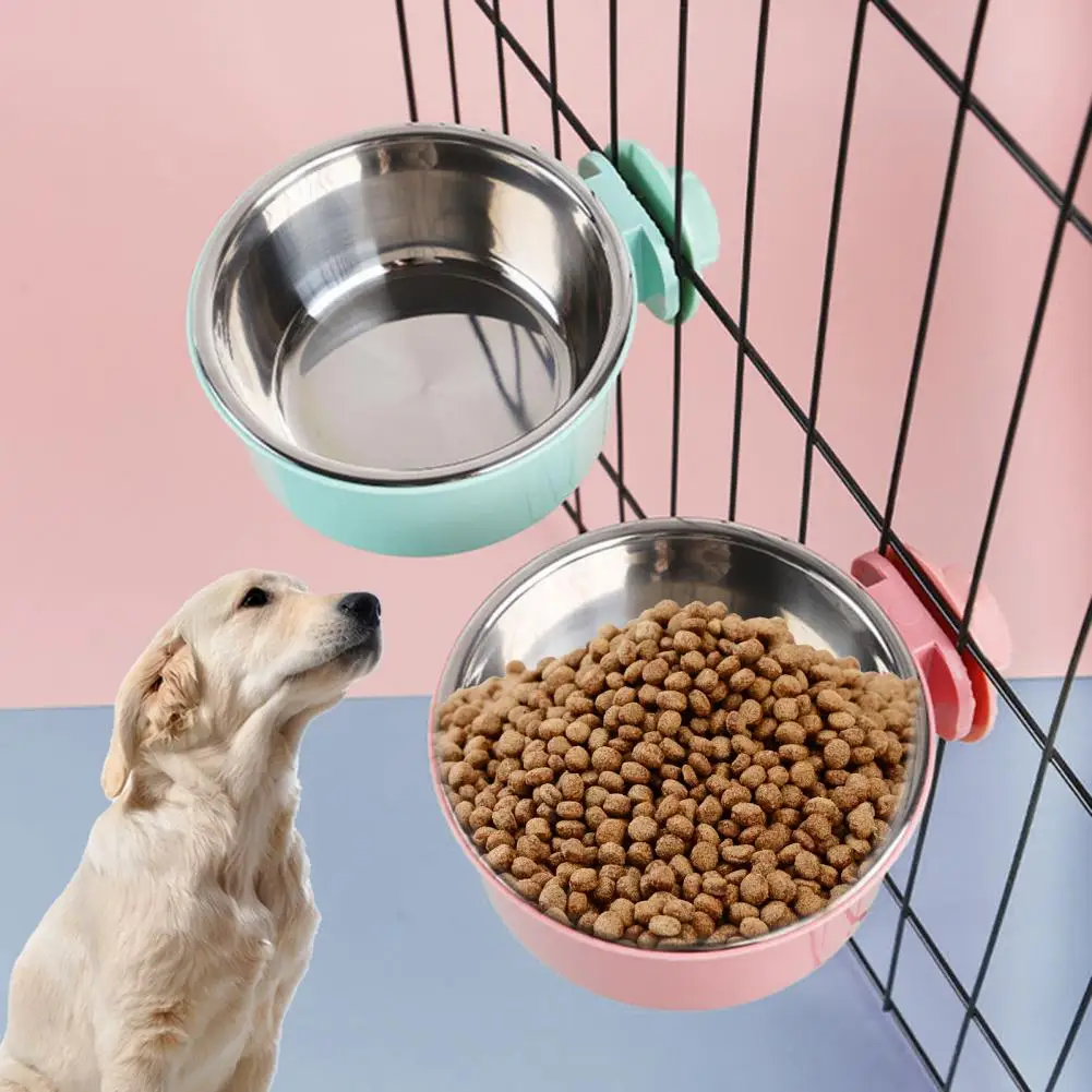 Design Pet Bowl Space-saving Anti-spill Hanging Pet Bowl Set with Siphon Principle Stainless Steel Dog Cage for Anti-upset