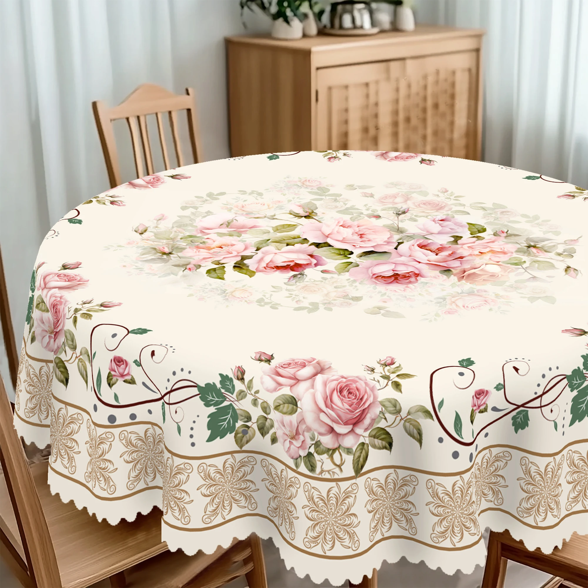 قطعة واحدة من مفرش المائدة المستدير الزهري، 5 مقاسات متوفرة، مفرش طاولة مطبوع بنمط الأزهار الرجعية، عملية نقش الحواف، ديكور مفرش طاولة حديقة الربيع، مفرش طاولة للمطبخ المنزلي اليومي، الشرفة، ديكور عيد الفصح، ديكور الربيع #3