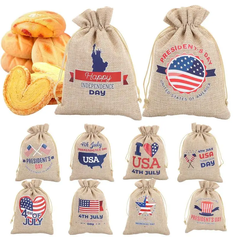 Patriotic Drawstring Burlap Bags 10pcs US Flag Bag Patriotic Stars Candy Goodie Treat Bag for US Independence Day Gift Bags