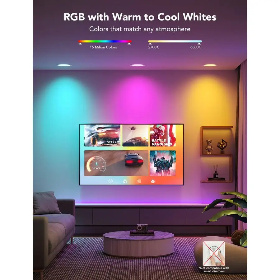 إضاءة ذكية مجوفة مقاس 6 بوصات، توصيل مباشر بلوتوث واي فاي RGBWW LED، وضع 65 مشهد، يعمل مع Alexa amp Google Ass