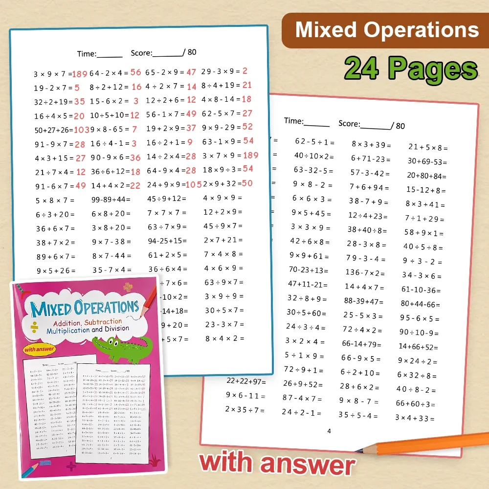 Cahier d'exercices mixte kenMath avec réponse, pour la 1ère à la 3ème année, apprentissage, soustraction, addition, multiplication, division, pratique