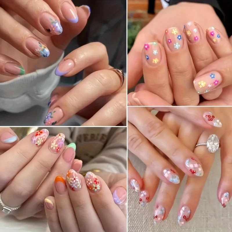 5Sheets 3D Nail Art Stickers - Colorful Floral, Butterfly, Heart & Star Self-Adhesive Decals with Glitter Accents, Reusable、