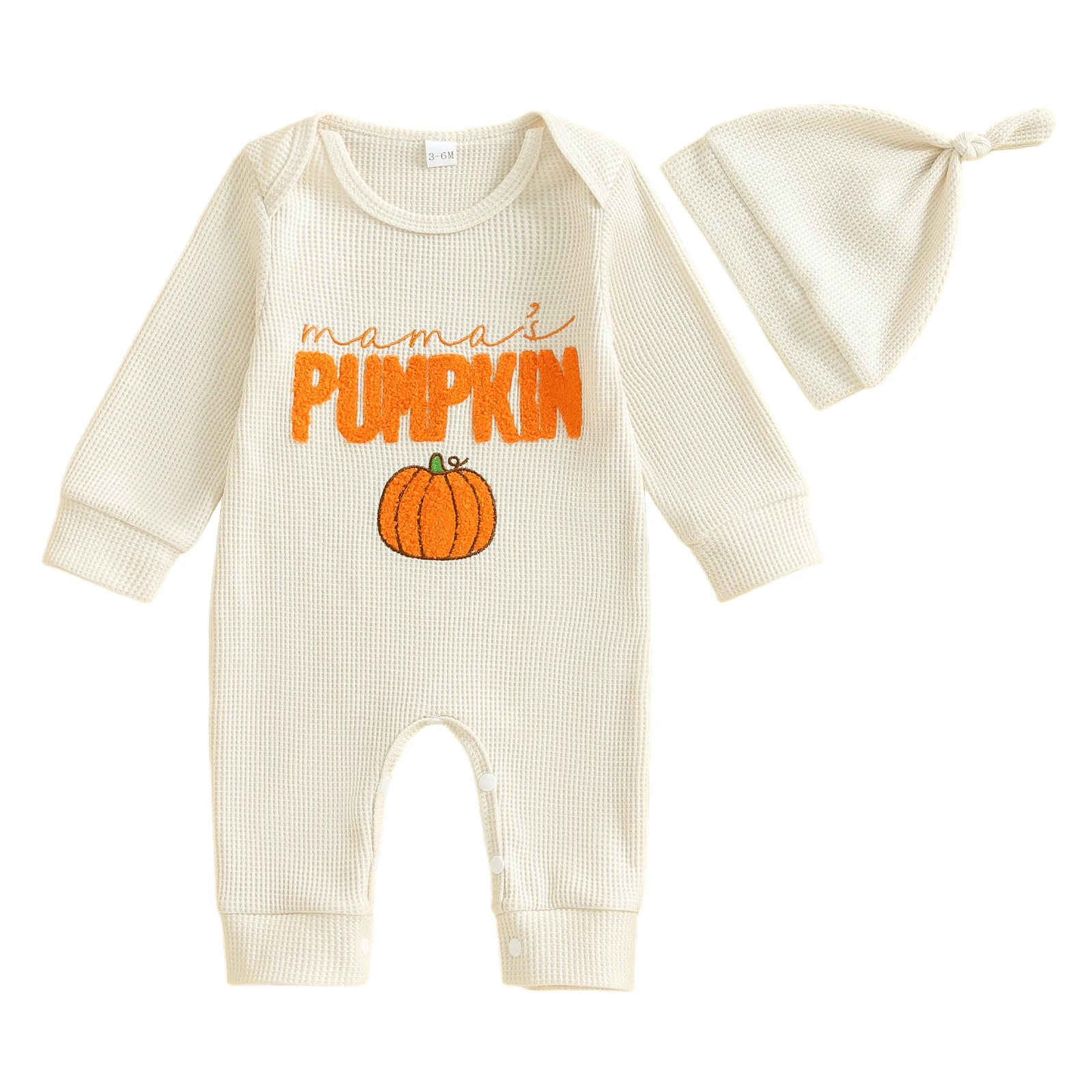 

Baby Boy Halloween Waffle Romper Letter Pumpkin Embroidery Long Sleeve Jumpsuit and Hat Set for Infant