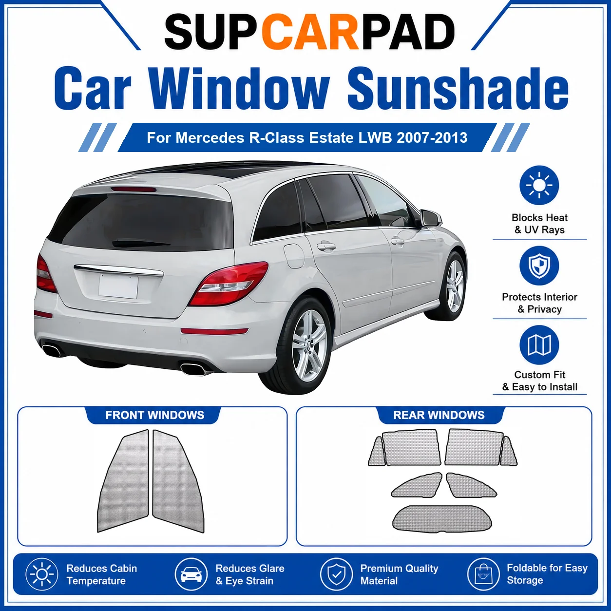 For Mercedes - Mercedes R-Class Estate LWB 2007-2013 Full Set Car Window Sunshades UV Block Privacy Heat Insulated Foldable Car