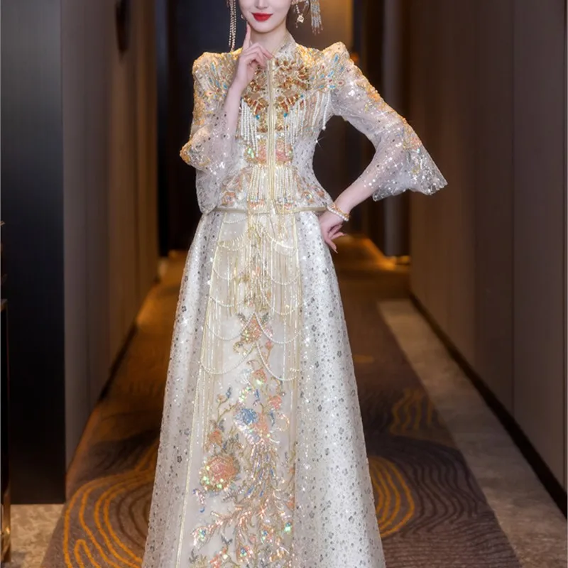 

Свадебное платье цвета шампанского, новое тонкое в китайском стиле невесты