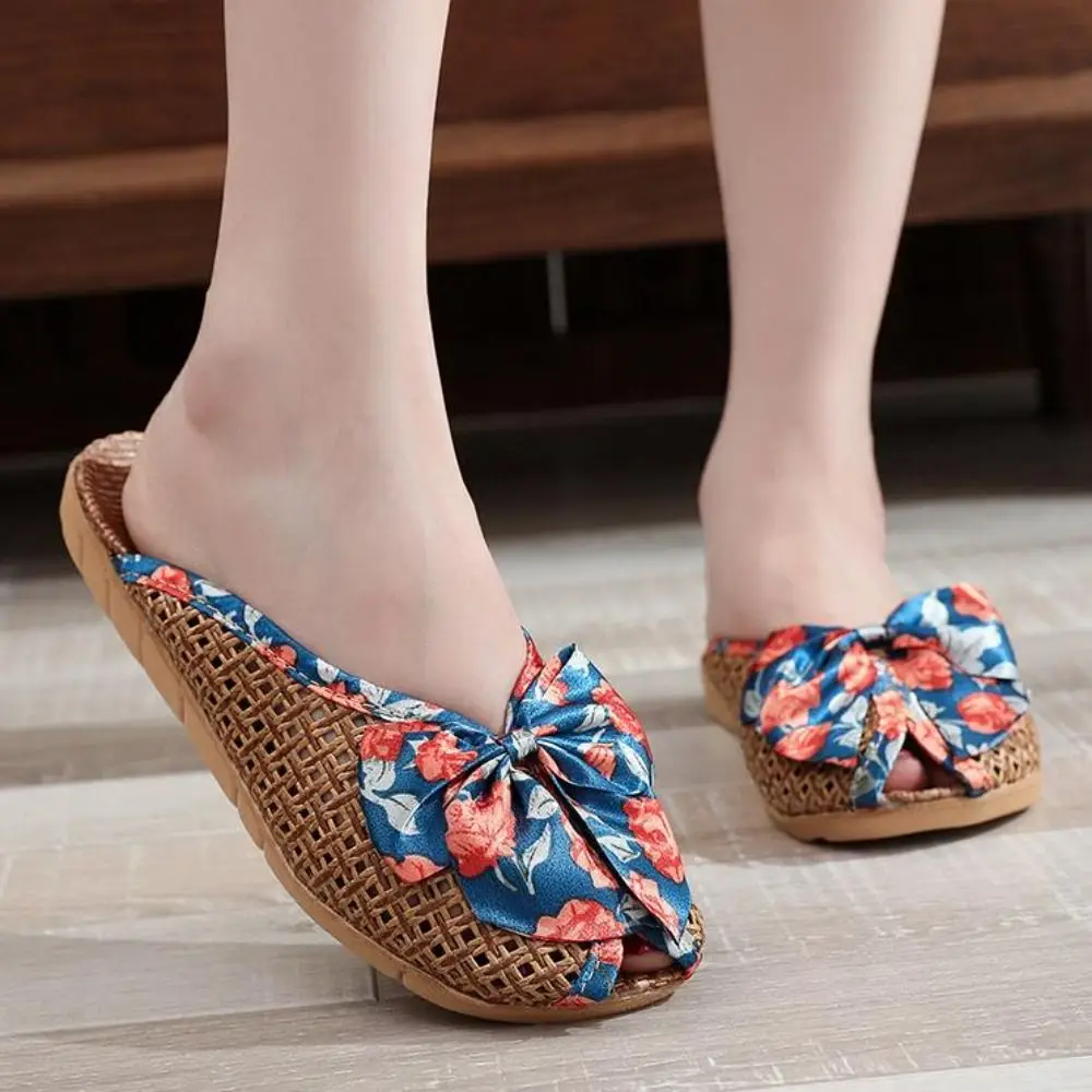 Sweat Absorption Sweet Bow Linen Slippers Hollow Out Flat Straw Weaving Slippers Non-Slip Beachwear Slippers Women Indoor