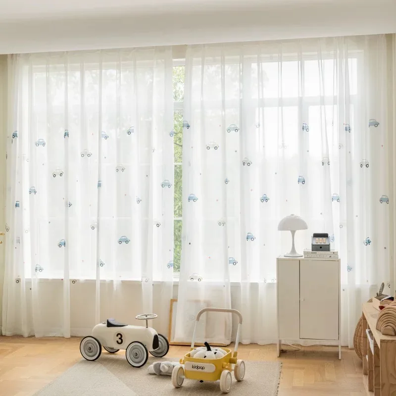 1PC Cute Cartoon Car Children\'s Blackout Curtains, Beige Shading Curtains For Kids Bedroom Window Decoration,  Tulle Curtains