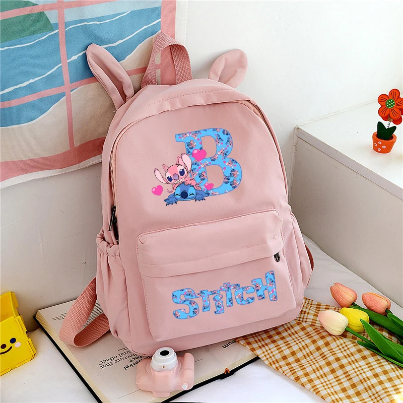 Stitch Disney Girls Backpack Student Knapsack Letter A-Z School Bags Cartoon Anime Leisure Travel Bag Kids Birthday Cute Gifts