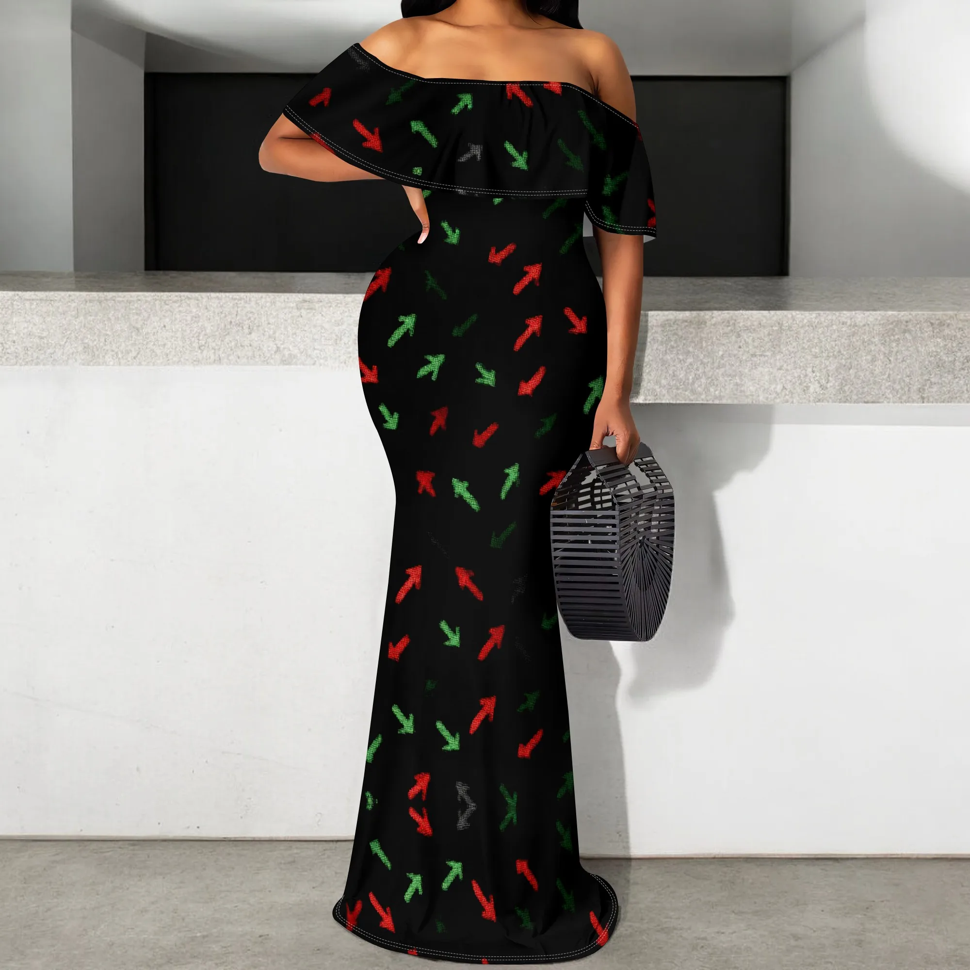

Women's Off Shoulder Ruffle Maxi Dress Black Arrow Print Bodycon Mermaid Evening Party Cocktail Dress S-3XL