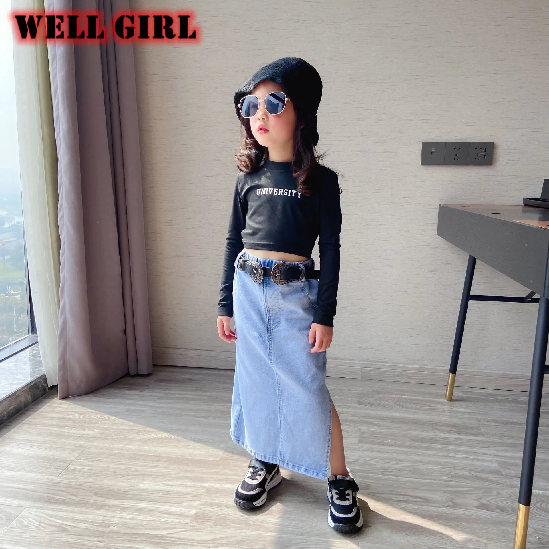 Korean vintage fashion clothes girls jeans skirt ankle length midi skirts split side open high waist bottoms denim 4 to 16 yrs