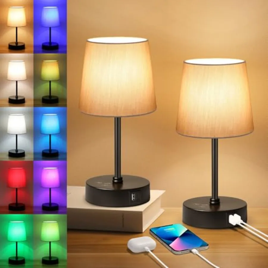 

Small Bedside Table lamp Set of 2, RGB Color Changing Lamps, 3 Color Temperatures Nightstand Lamps with USB C and A Ports, Touc