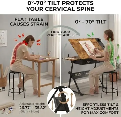 Adjustable Drawing Table with Stool, 2 Drawer Drafting Desk for Artists, Tiltable Tabletop for Home Office, School & view 5