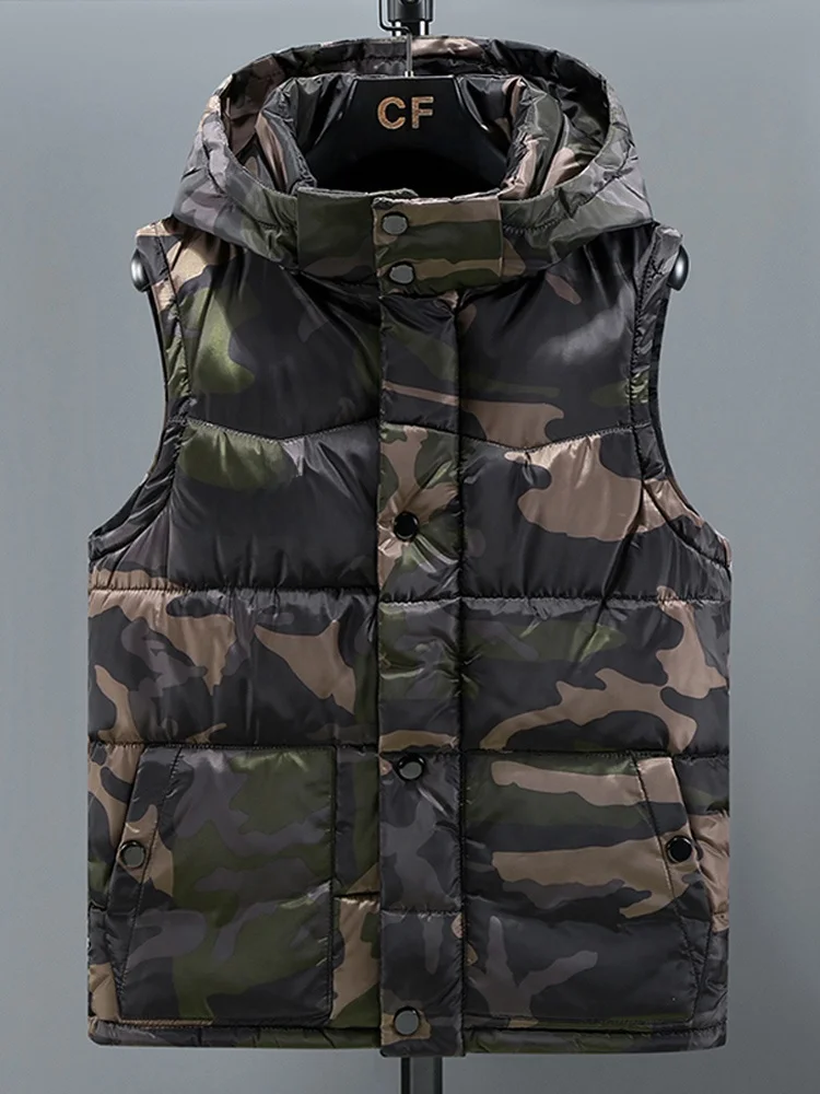 

Утепленный камуфляжный пуховый жилет для мужчин: модная теплая куртка с капюшоном, молодежная, на молнии, с прямым низом, боковыми карманами, повседневная одежда