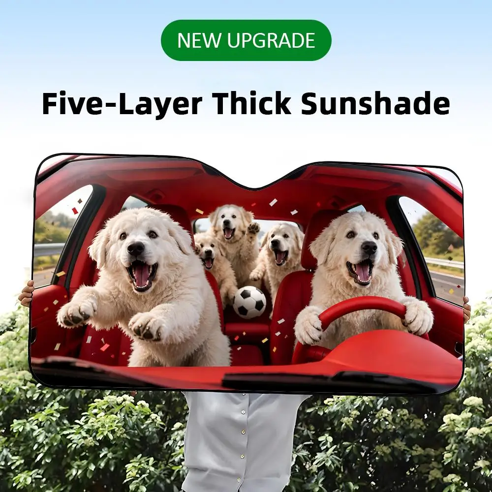 A five-layer thick car windshield sunshade with a funny graphic print of Great Pyrenees dogs throwing a soccer party.
