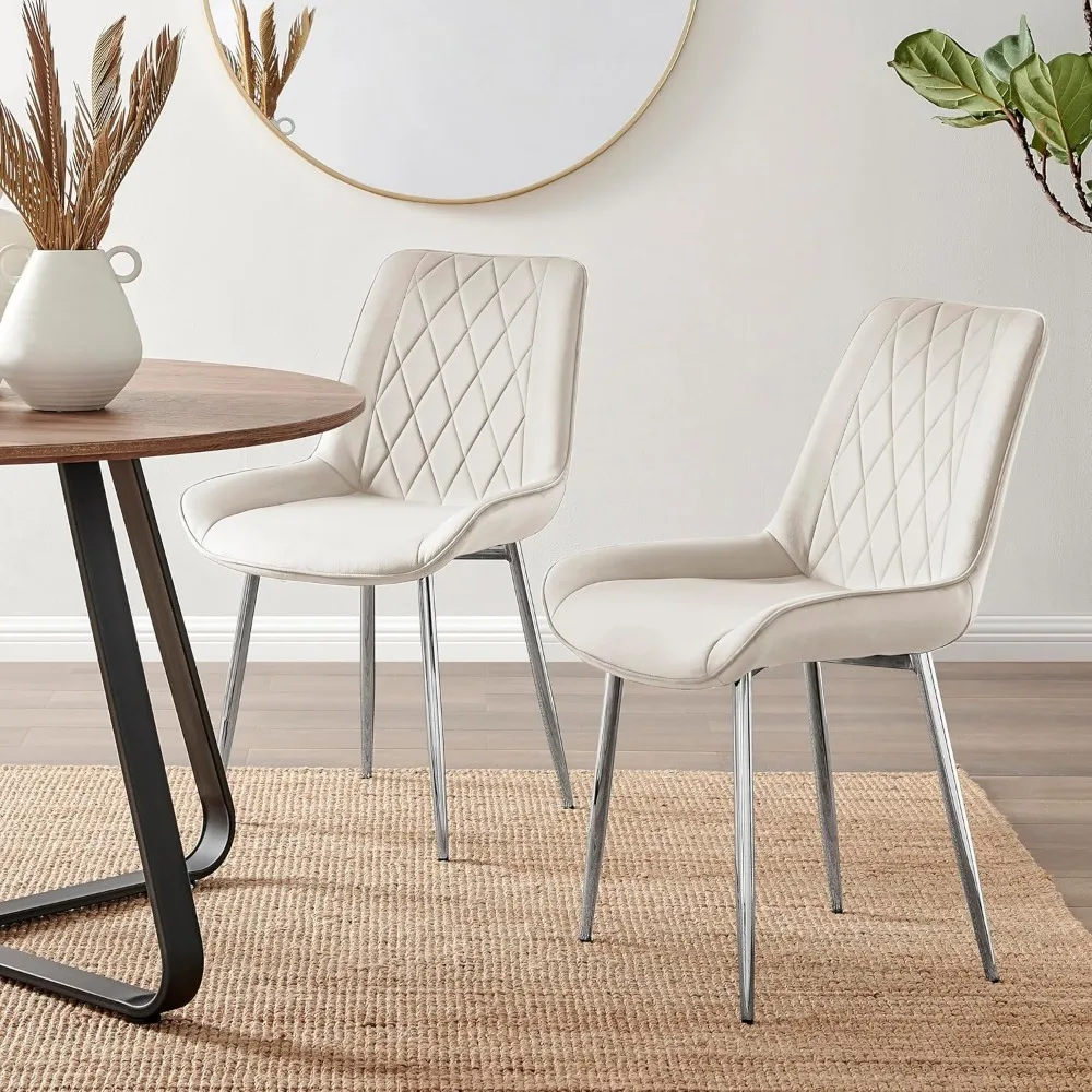 Furniturebox Dining Chair Set of 2 - Pesaro Cream Velvet Silver Chrome Metal Leg Modern Contemporary Luxury Dining Kitchen Chair