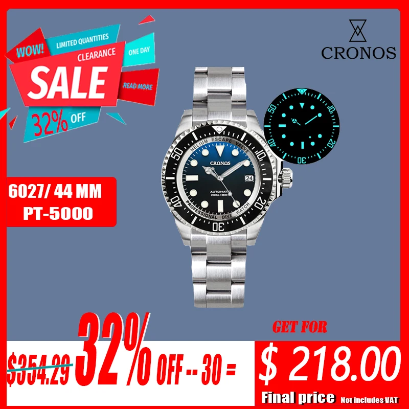 

Cronos Automatic Diving Watch Stainless Steel 2000 Meters Water Resistance Professional Diver PT5000 SW200 L6027M