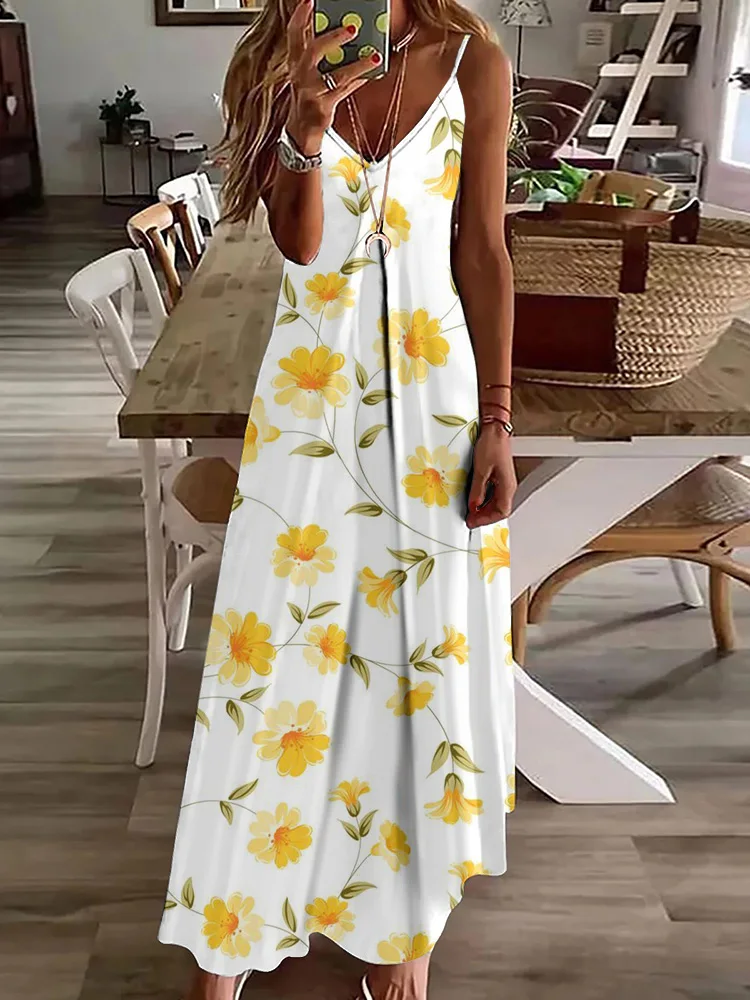 

3D Yellow Flower Print Women's Elegant Long Dress Summer Daily Casual Women's Dress Urban Fashion Women's Sleeveless Dress