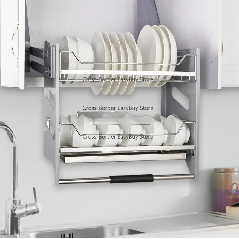 Small Kitchen Space Utilization: Double-Layer 304 Stainless Steel Pull-Out Basket – Damping Hydraulic Lift for Hanging Cabinets