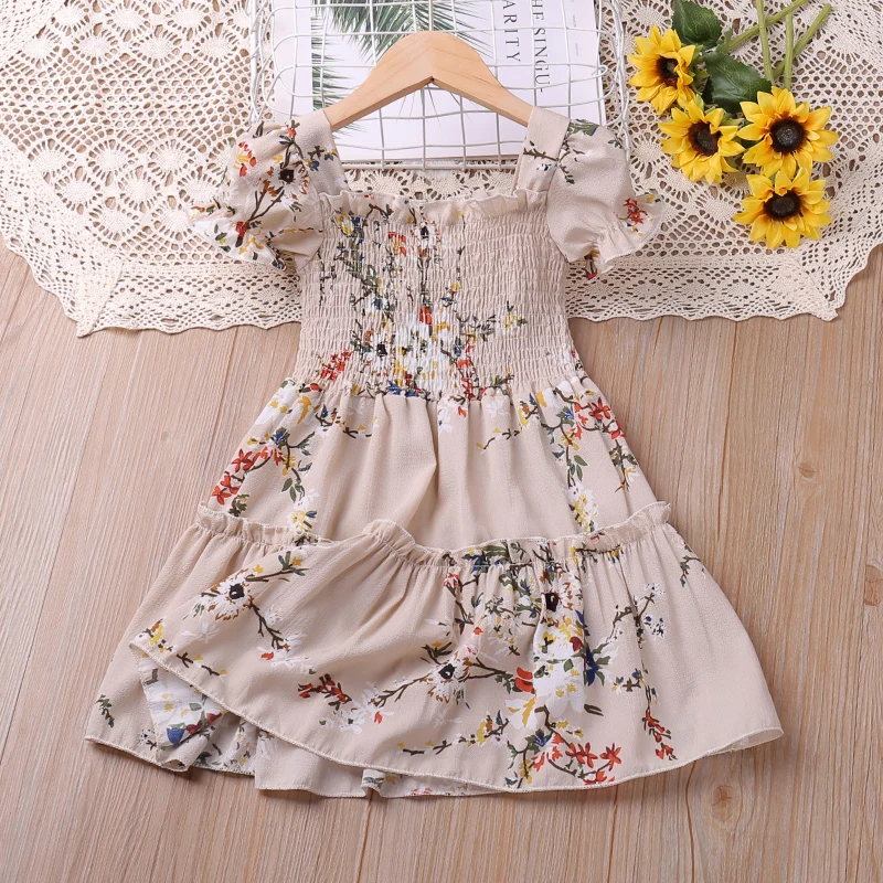 Humor Bear Girls Dress 2023 Summer New Puff-Sleeve Flower Printed Princess Dress Sweet Toddler Clothes For 2-6Y