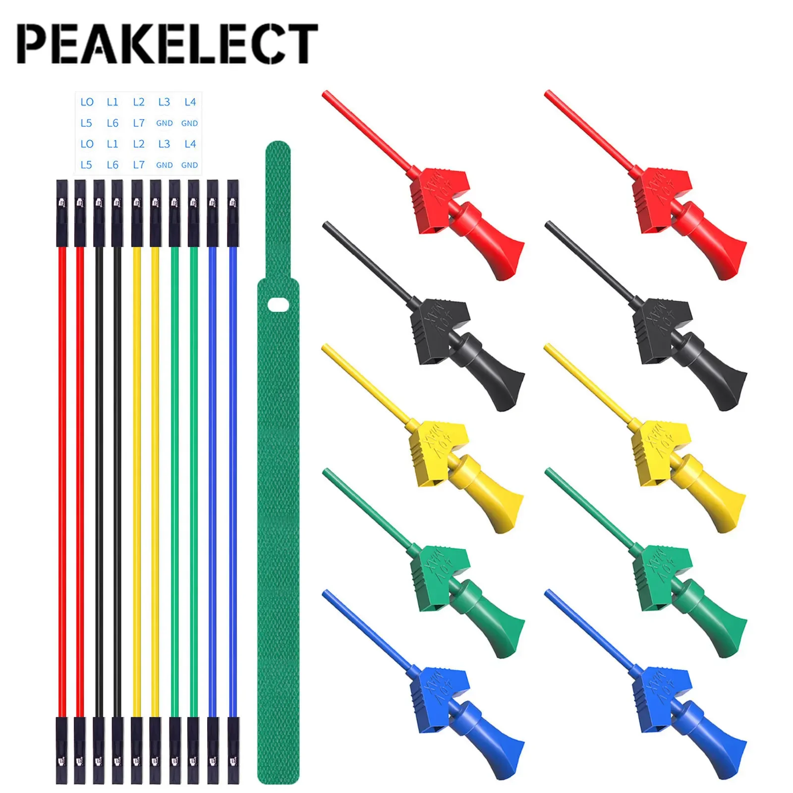 

Peakelect P1512D Mini Grabber Silicone Jumper SMD IC Test Hook Clip Test Lead Kit Dupont Female for Logic Analyzer Breadboard