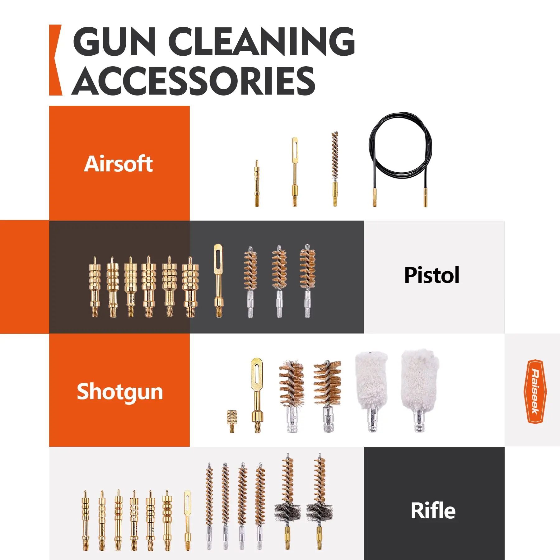 Raiseek Gun Cleaning Kit Rifle Pistol Shotgun for 20GA 12GA .45 .40 .357/.380/.38 .338 .325 .30 .270 .250 .243 .22 All Calibers