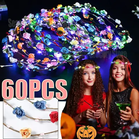 10/20/40/60Pcs Light up Flower Headband LED Flower Hair Crown Glowing Floral Wreath Crowns Birthday Wedding Party Favors
